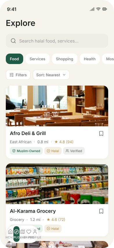 Explore screen showing nearby halal businesses